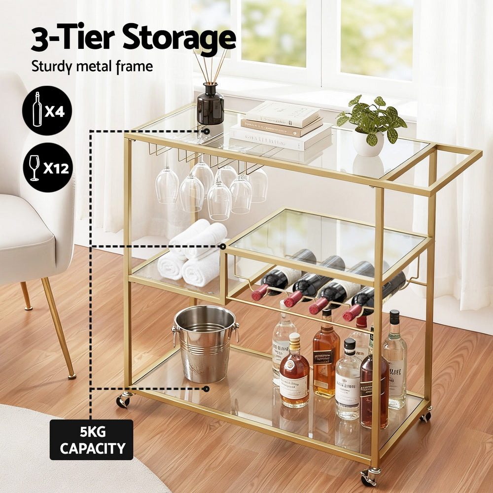Bar Cart with Mirrored Glass Shelves and Wine Rack – Gold, 102cm