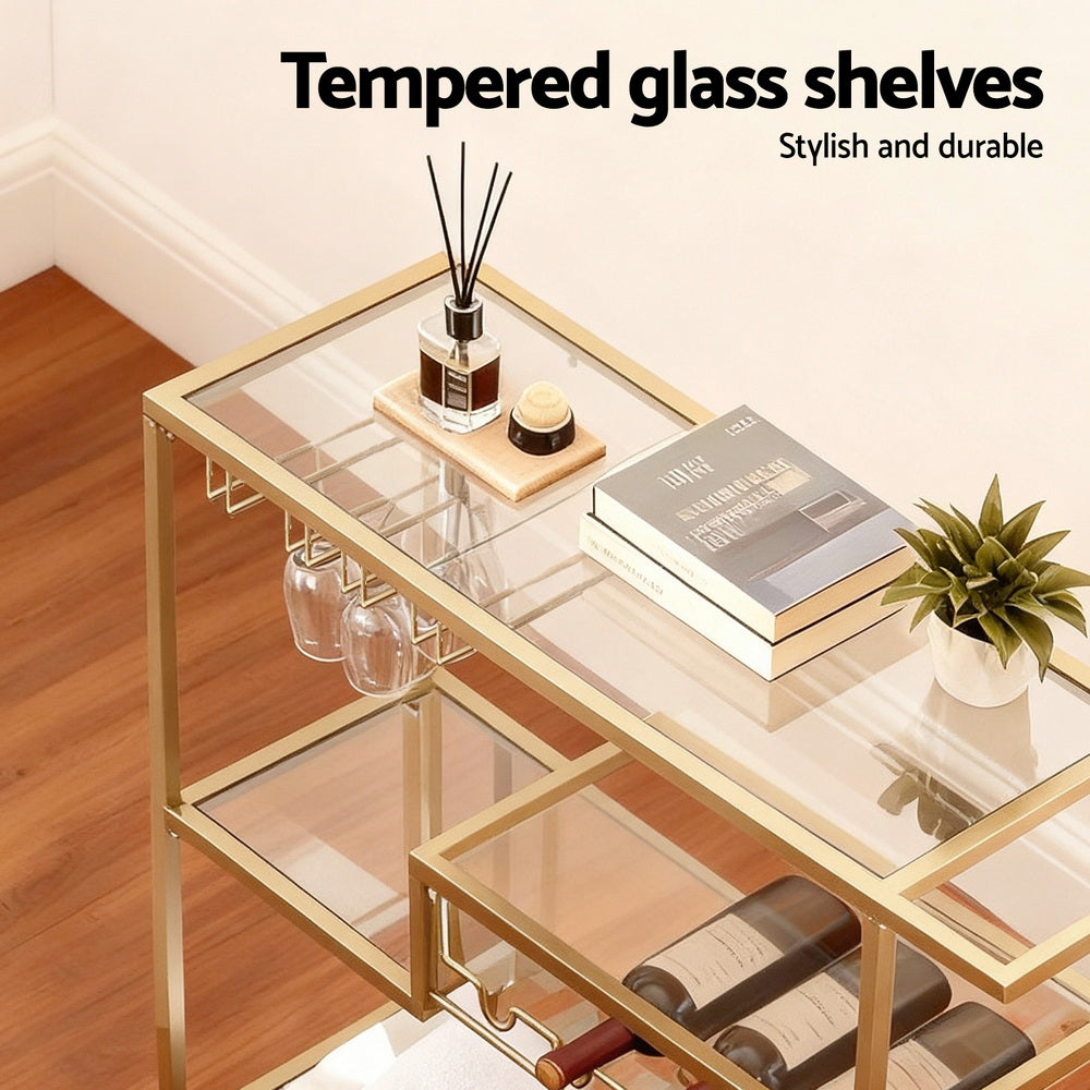 Bar Cart with Mirrored Glass Shelves and Wine Rack – Gold, 102cm