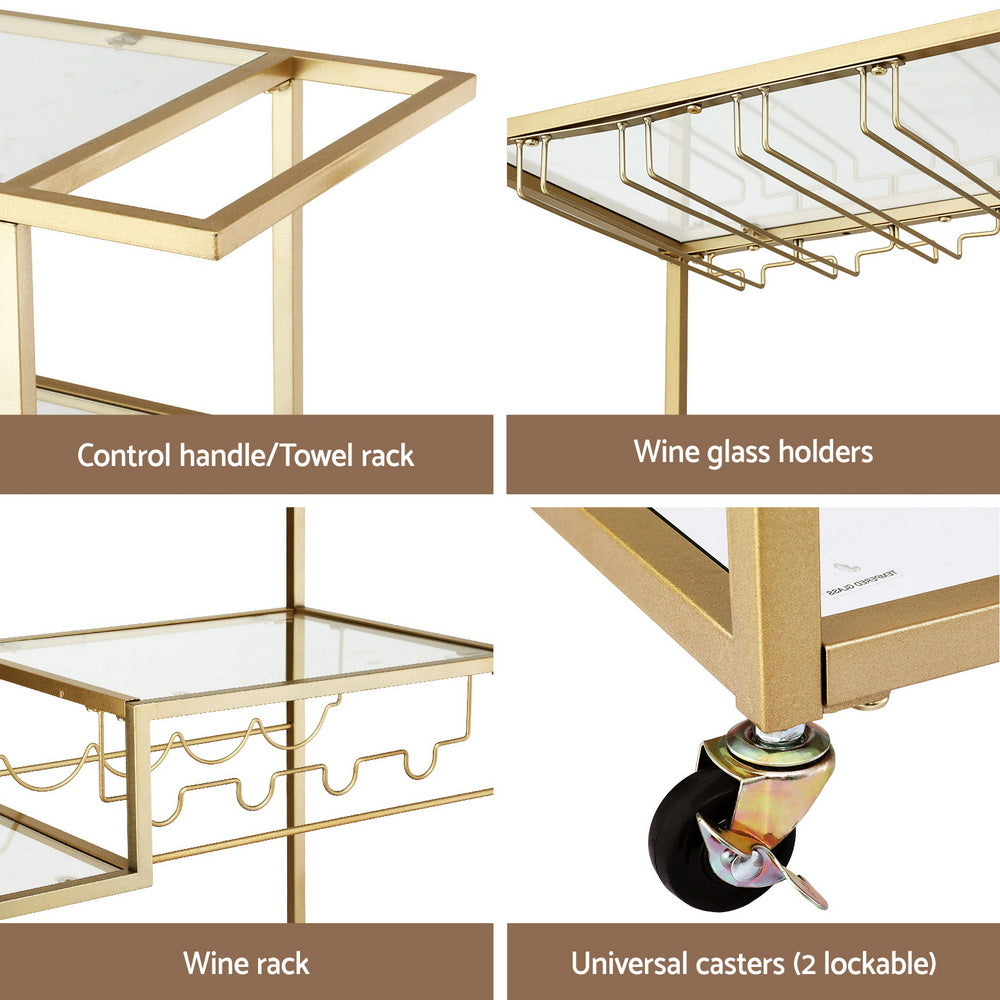 Bar Cart with Mirrored Glass Shelves and Wine Rack – Gold, 102cm