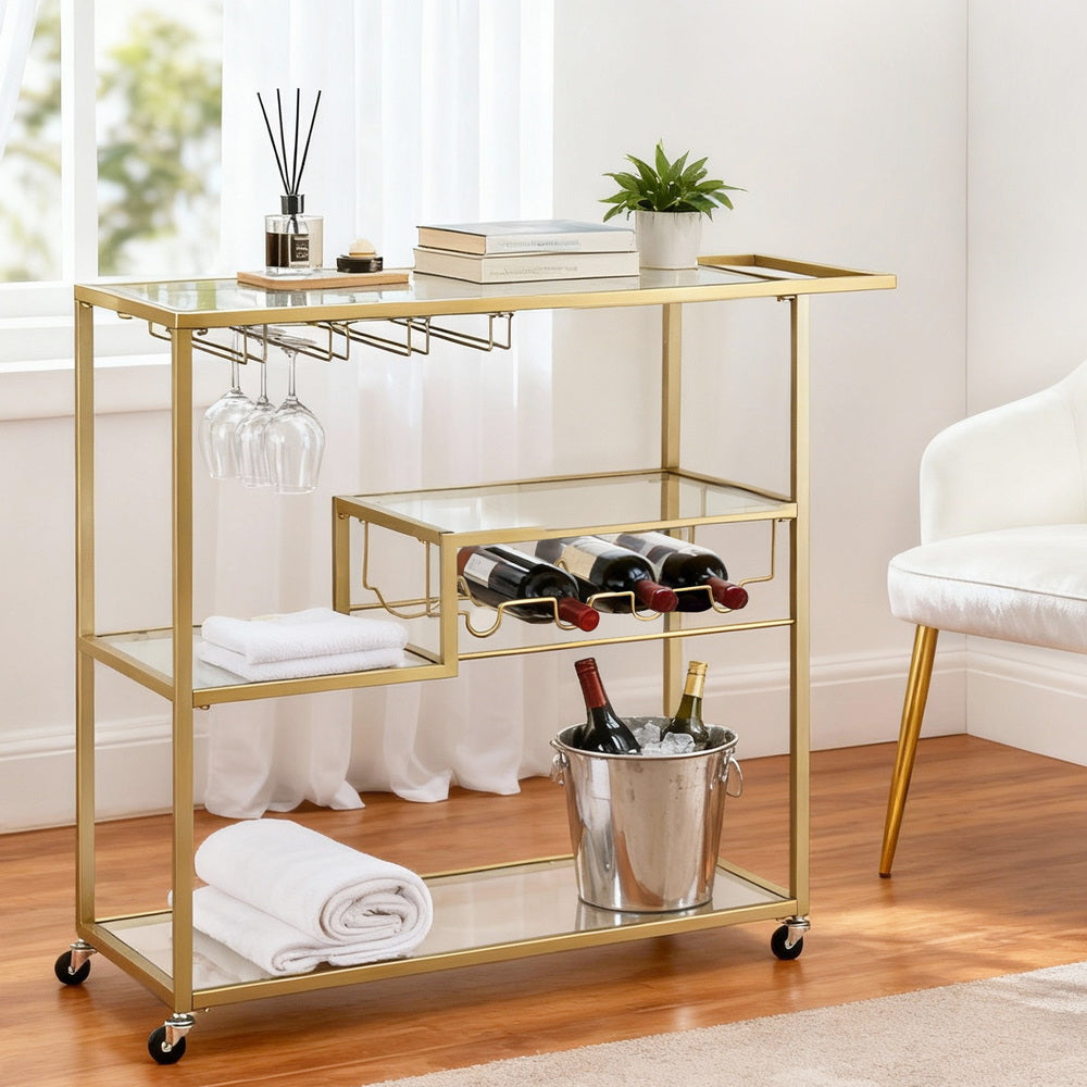 Bar Cart with Mirrored Glass Shelves and Wine Rack – Gold, 102cm
