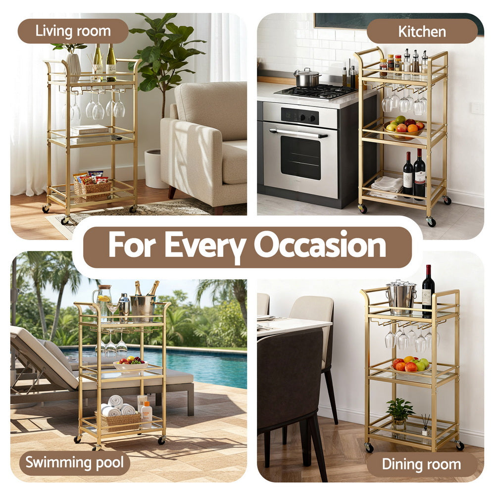 Kitchen Island Cart – Gold Metal Frame with Wine Glass Rack, 43cm