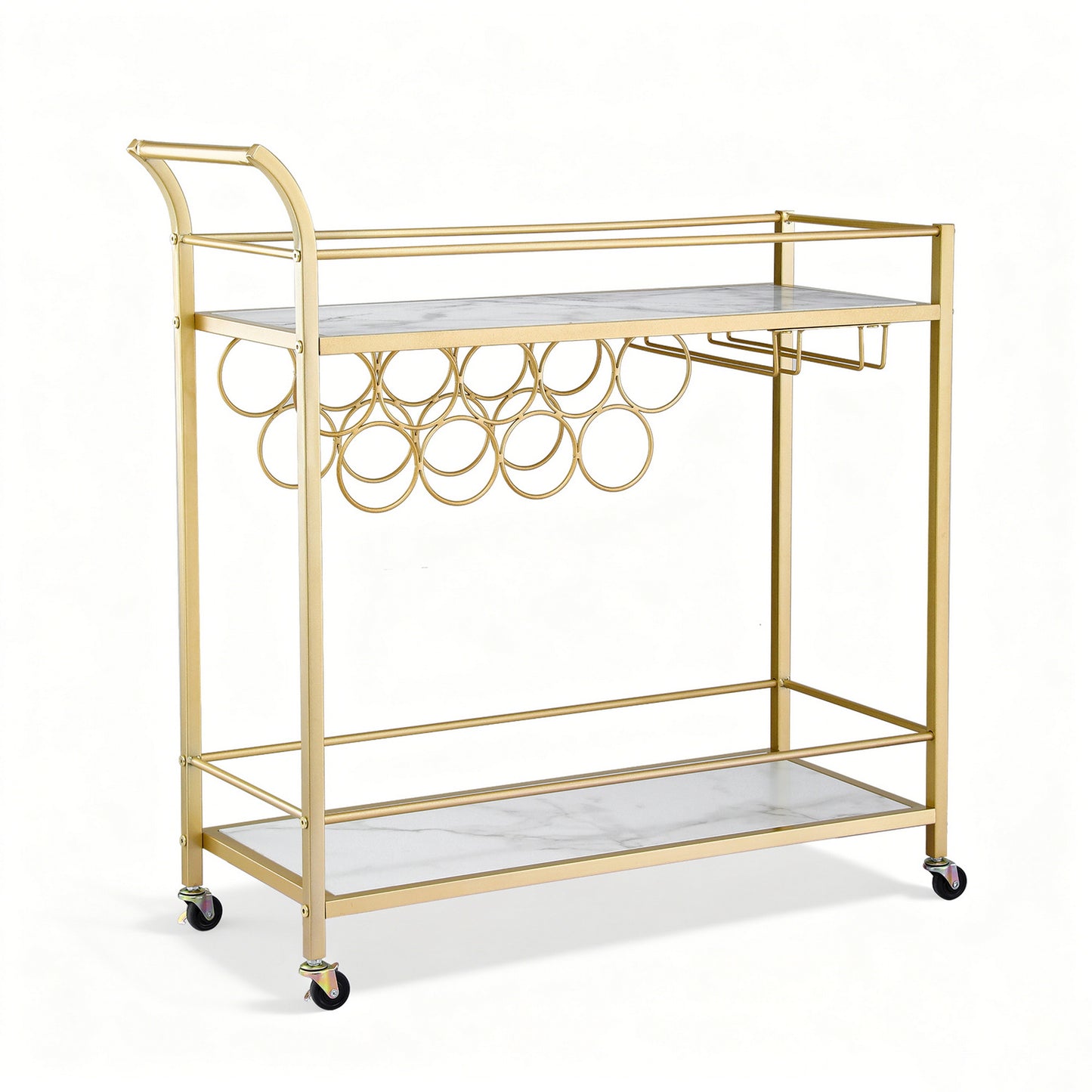 Bar Cart with Marble Shelves and Gold Frame – Wine Rack & Glass Holder, 85cm