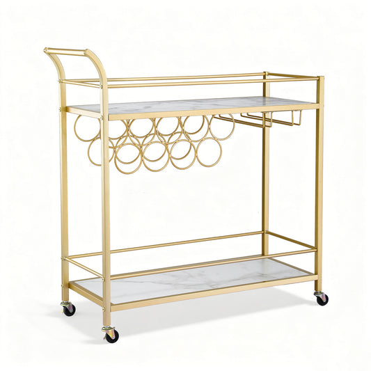 Bar Cart with Marble Shelves and Gold Frame – Wine Rack & Glass Holder, 85cm