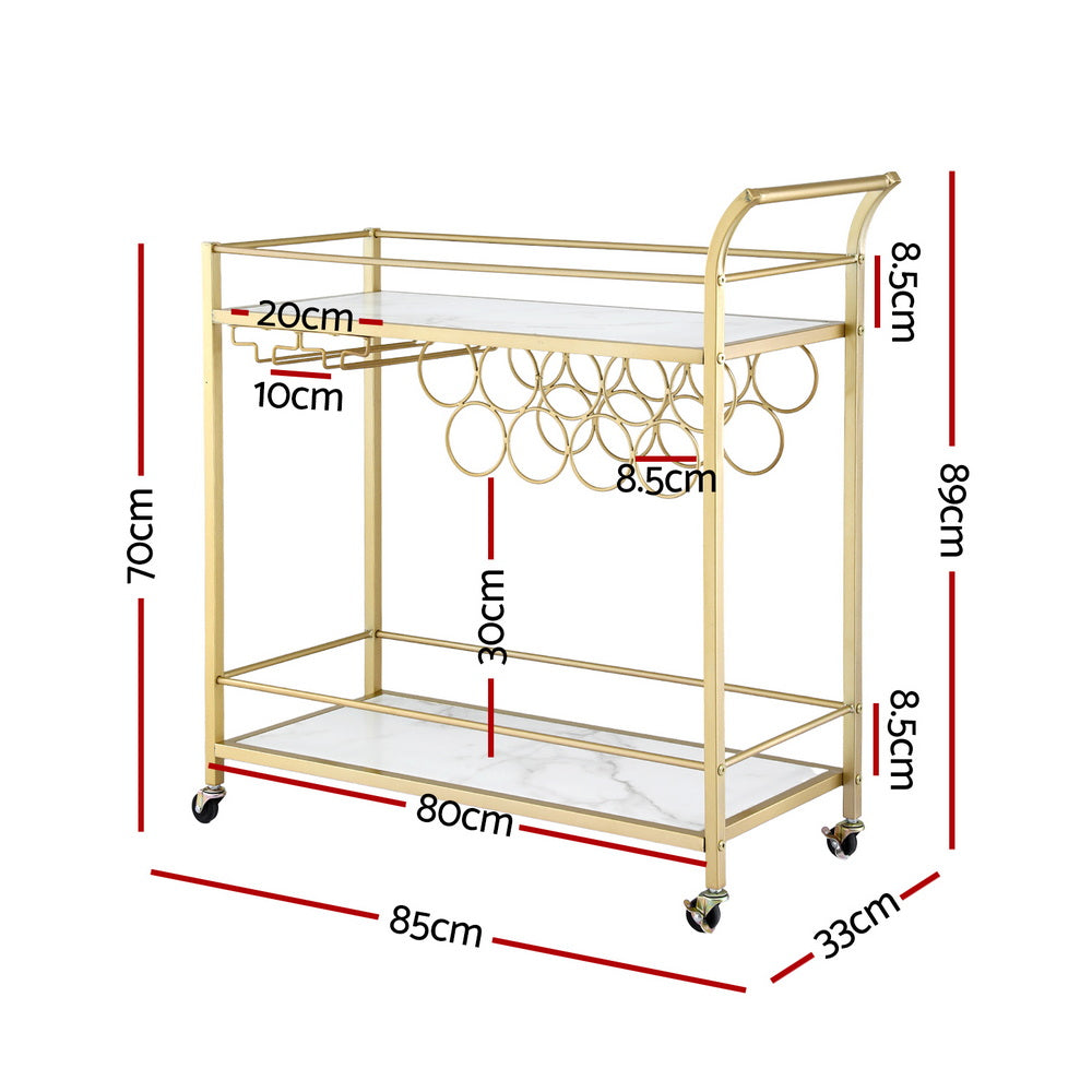 Bar Cart with Marble Shelves and Gold Frame – Wine Rack & Glass Holder, 85cm
