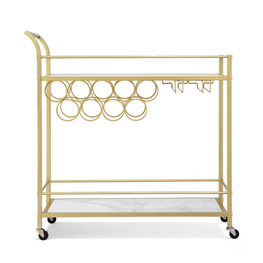 Bar Cart with Marble Shelves and Gold Frame – Wine Rack & Glass Holder, 85cm