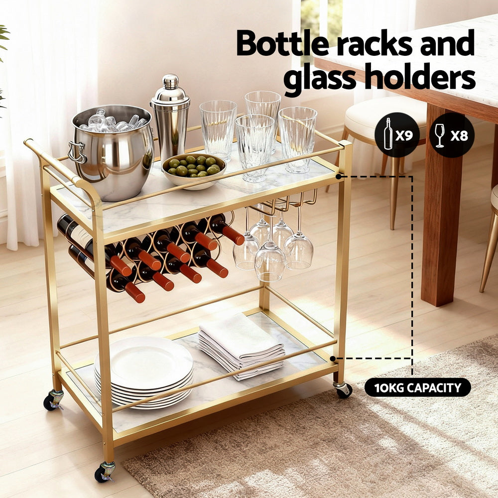 Bar Cart with Marble Shelves and Gold Frame – Wine Rack & Glass Holder, 85cm