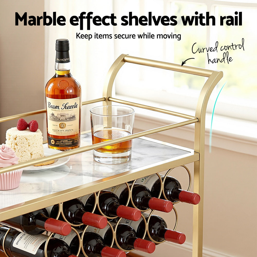 Bar Cart with Marble Shelves and Gold Frame – Wine Rack & Glass Holder, 85cm