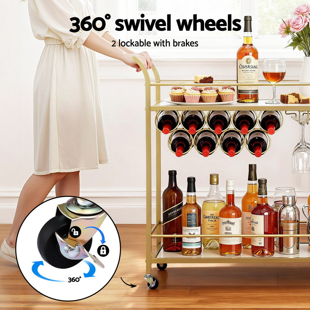 Bar Cart with Marble Shelves and Gold Frame – Wine Rack & Glass Holder, 85cm