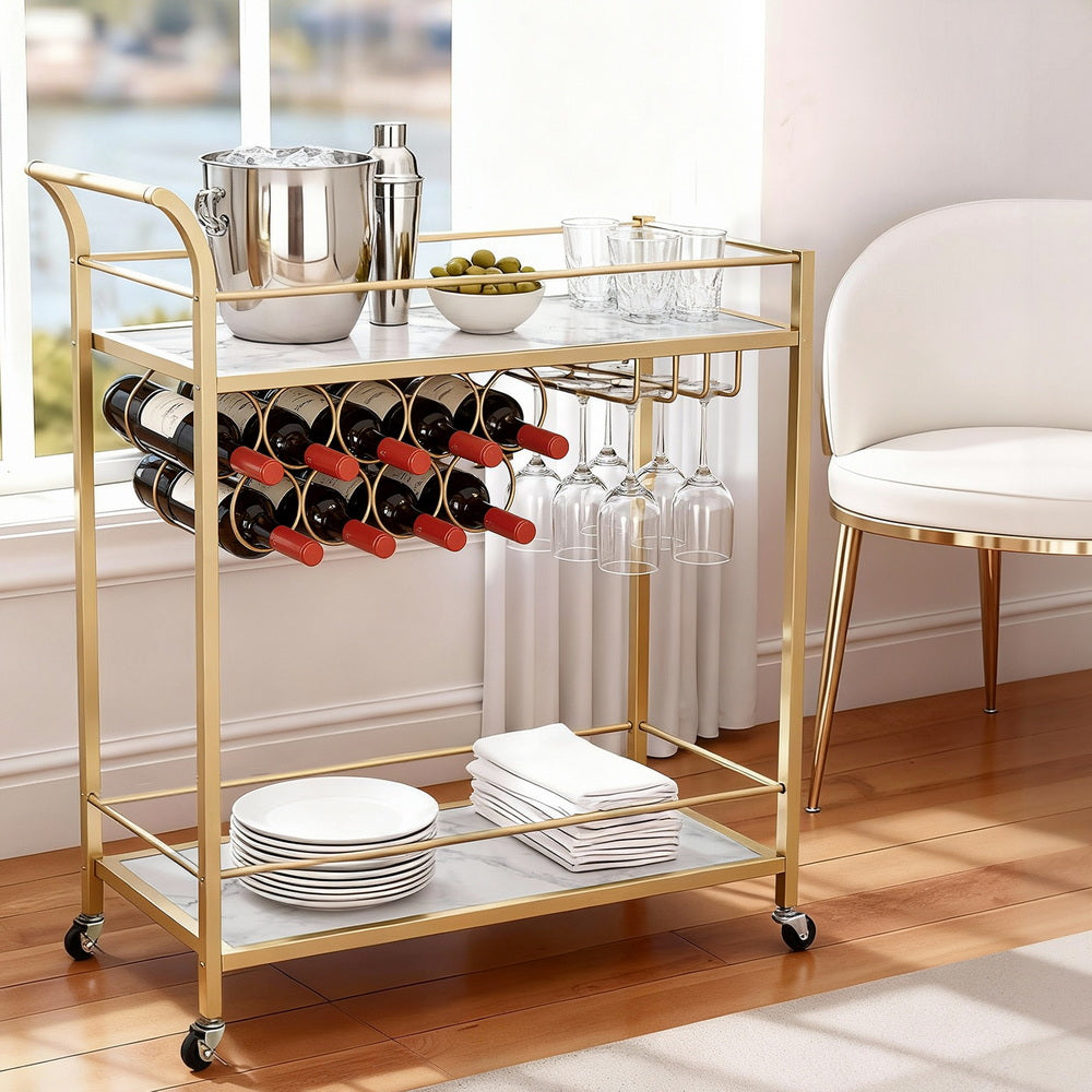 Bar Cart with Marble Shelves and Gold Frame – Wine Rack & Glass Holder, 85cm