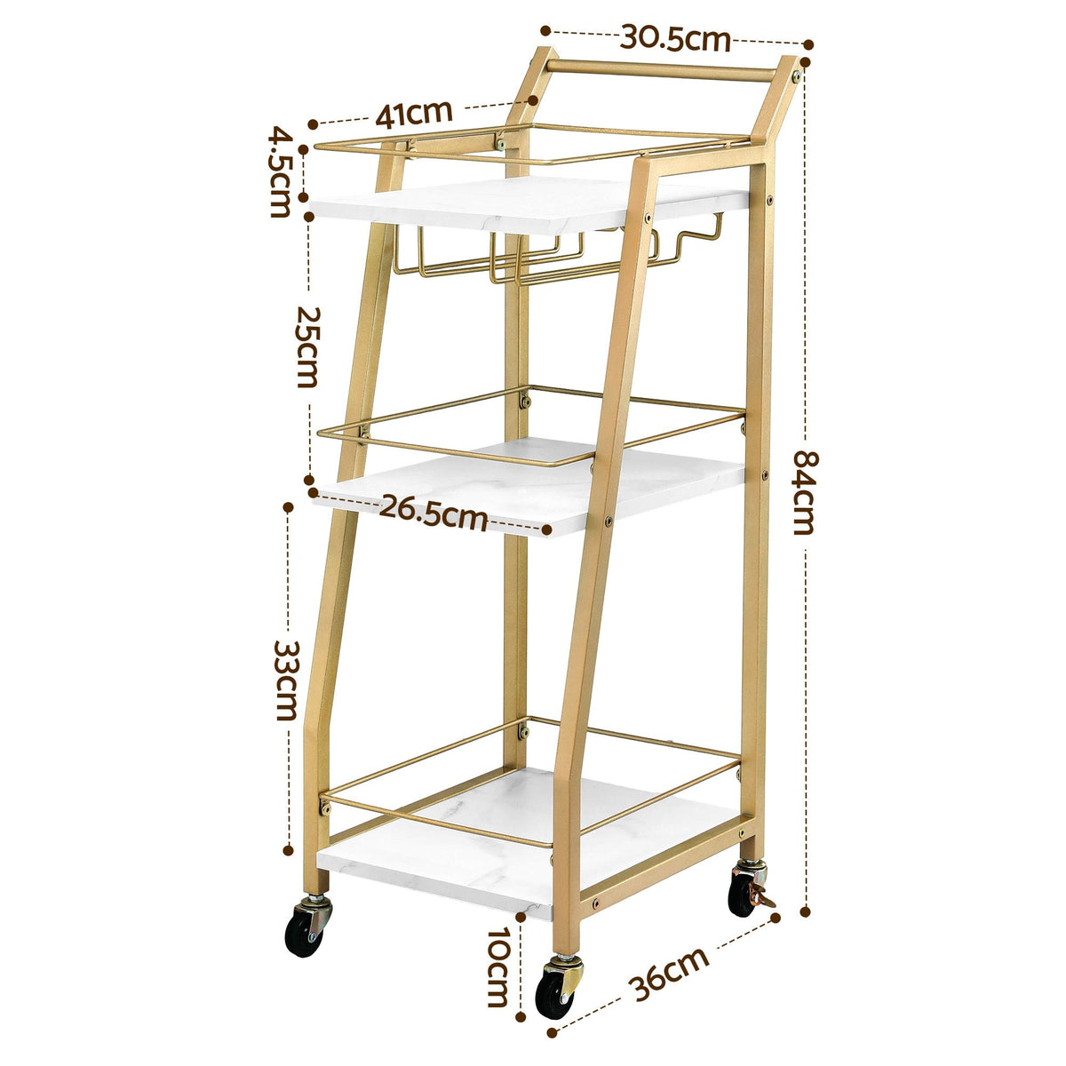 TWSC Bar Cart Trolley Kitchen Island Serving Wine Glass Holder Marble 41cm