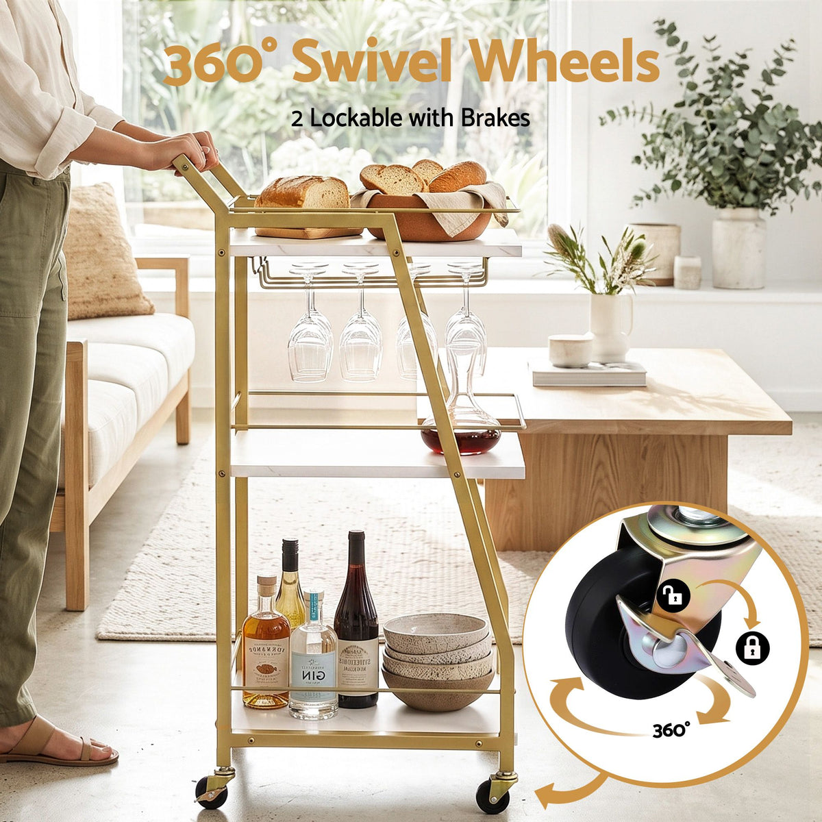 TWSC Bar Cart Trolley Kitchen Island Serving Wine Glass Holder Marble 41cm
