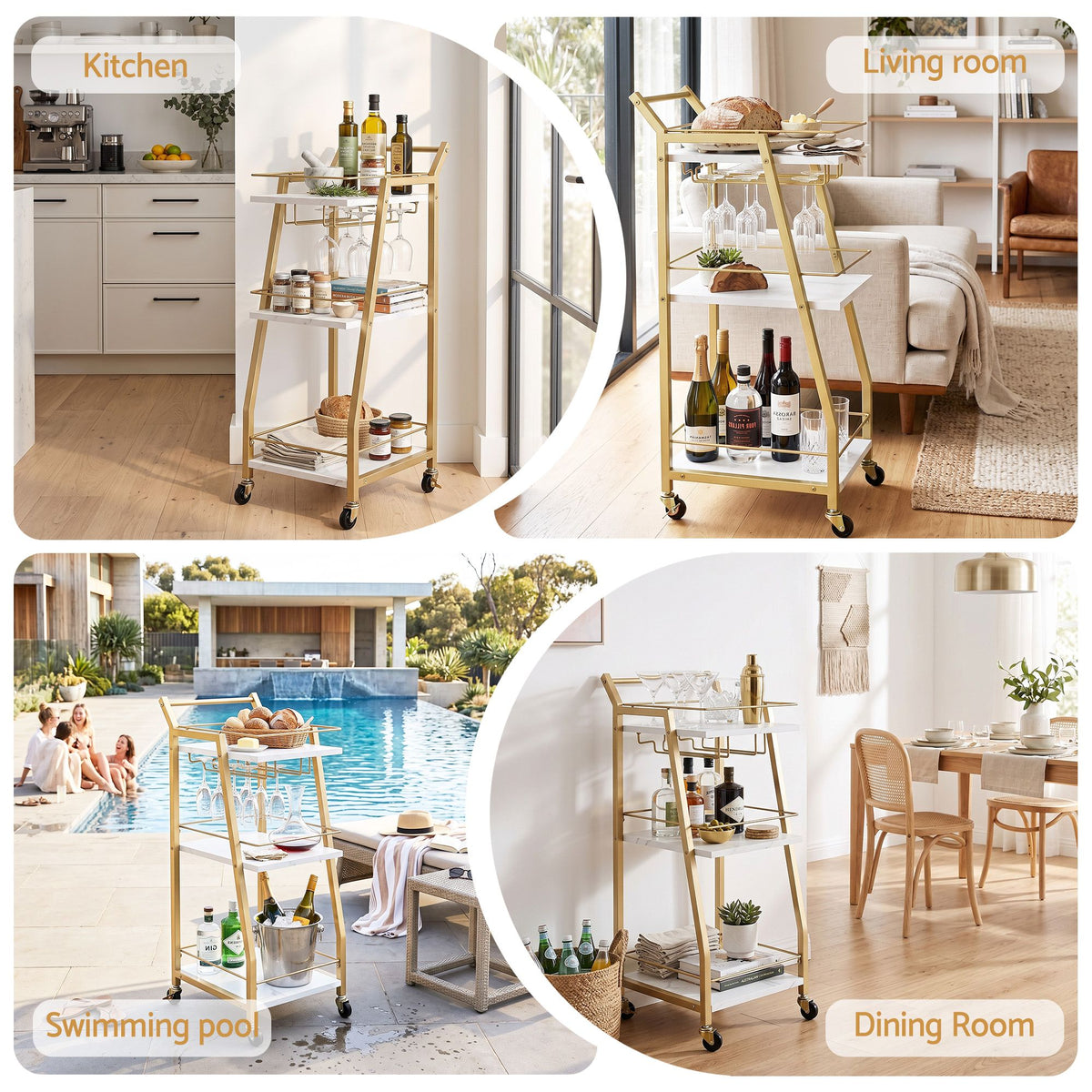 TWSC Bar Cart Trolley Kitchen Island Serving Wine Glass Holder Marble 41cm