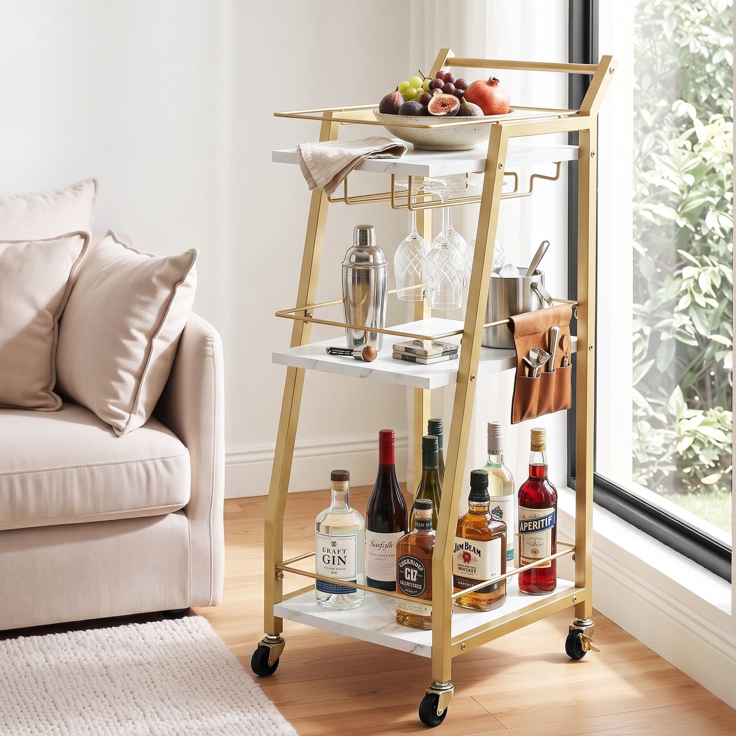 TWSC Bar Cart Trolley Kitchen Island Serving Wine Glass Holder Marble 41cm