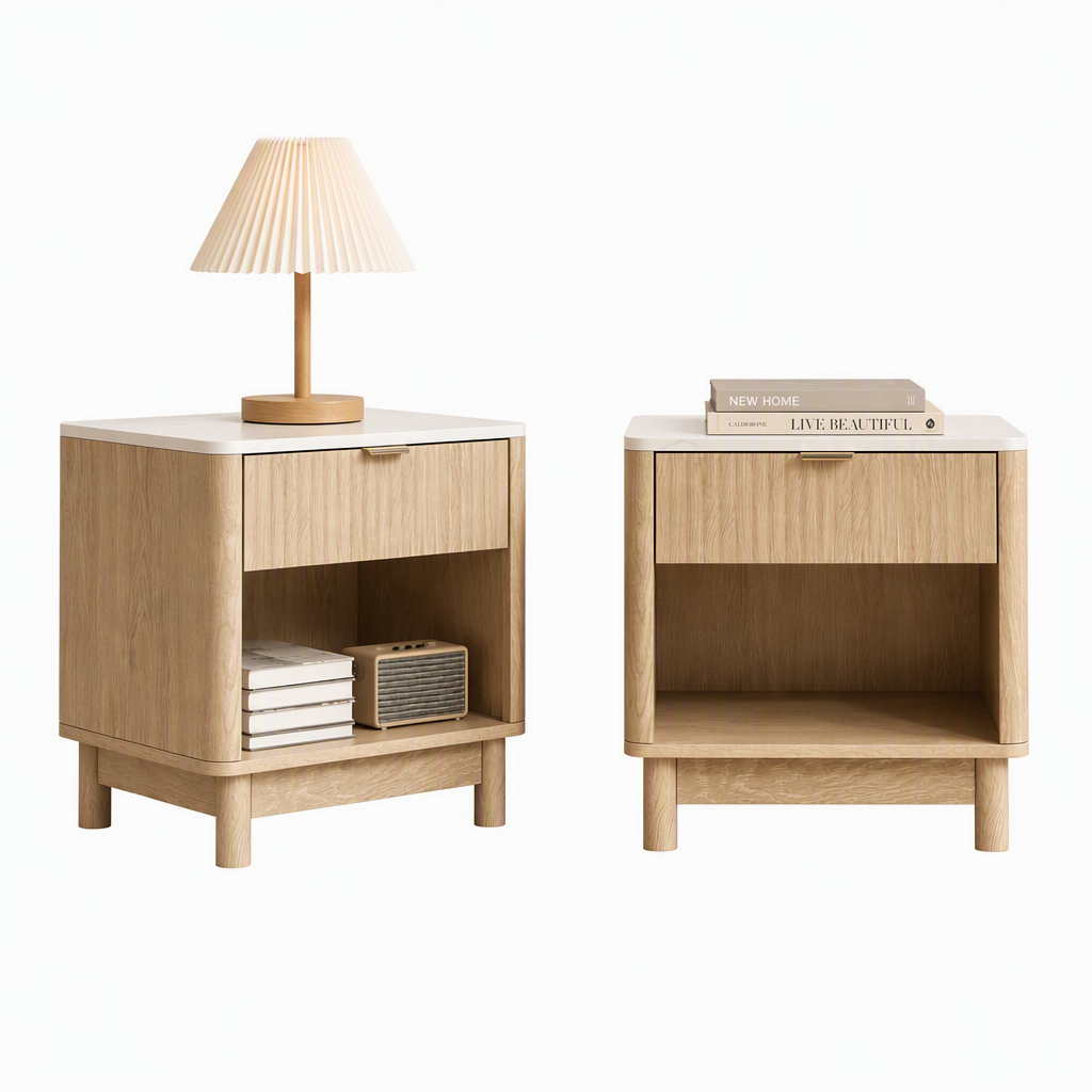 Stylish pine bedside table with drawer, featuring a warm wood finish and spacious shelf, enhancing curated living.