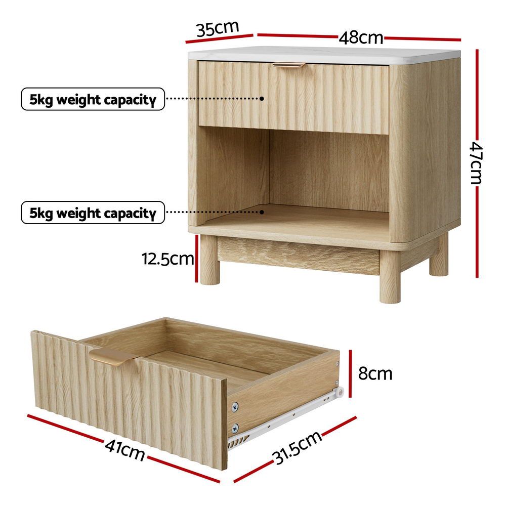 Dimensions of the TWSC pine bedside table with drawer, featuring a clean design and ample storage for modern living.