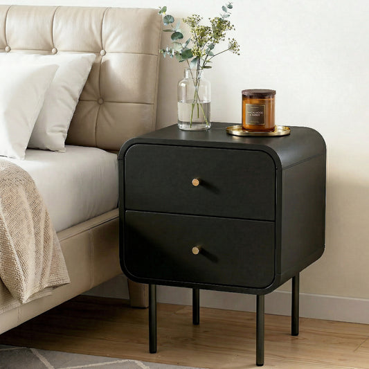 Bedside Table with 2 Drawers – Black, Metal Handles, Rounded Corners