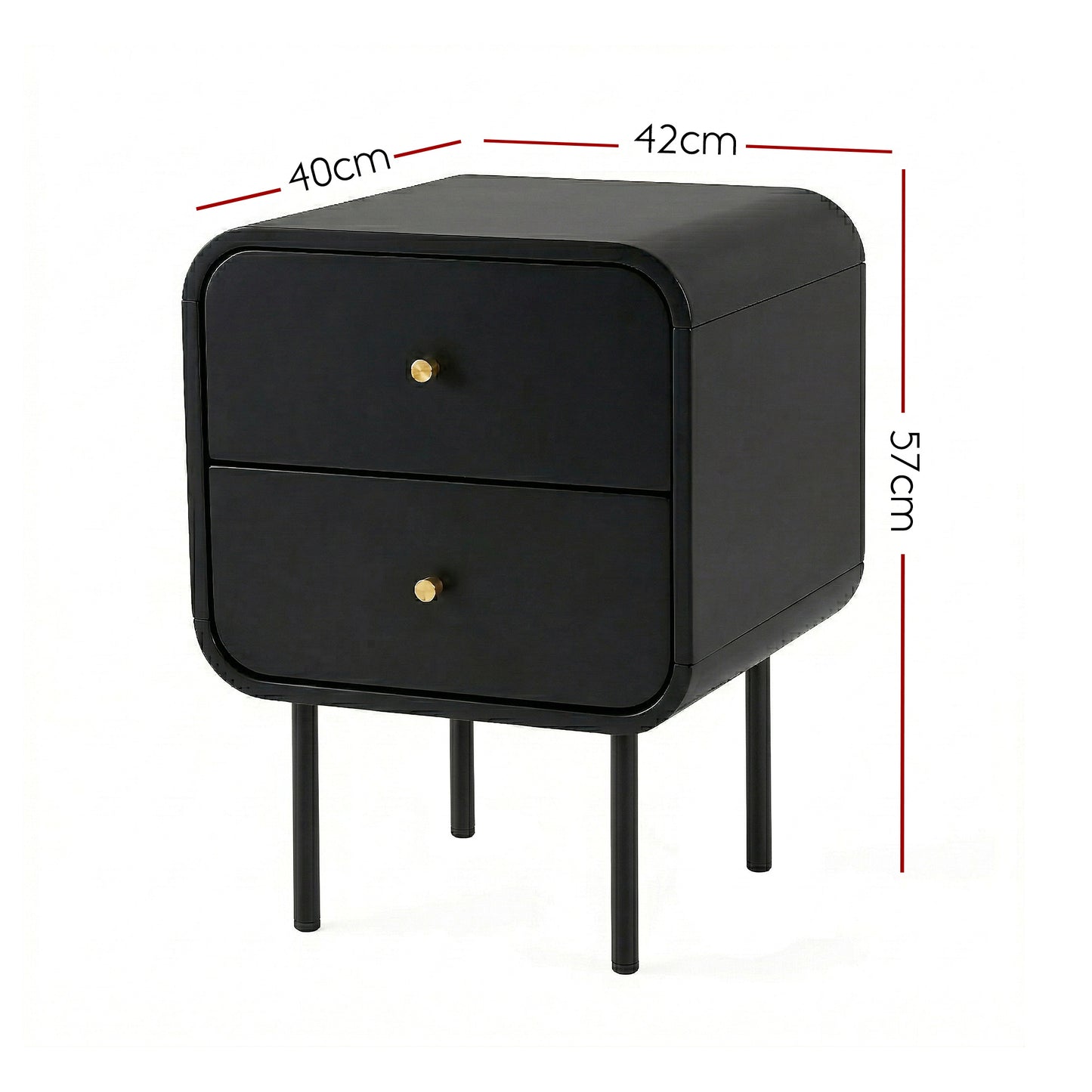 Bedside Table with 2 Drawers – Black, Metal Handles, Rounded Corners