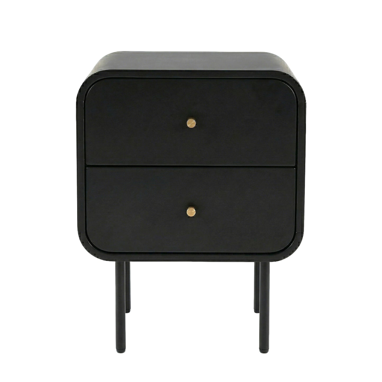 Bedside Table with 2 Drawers – Black, Metal Handles, Rounded Corners