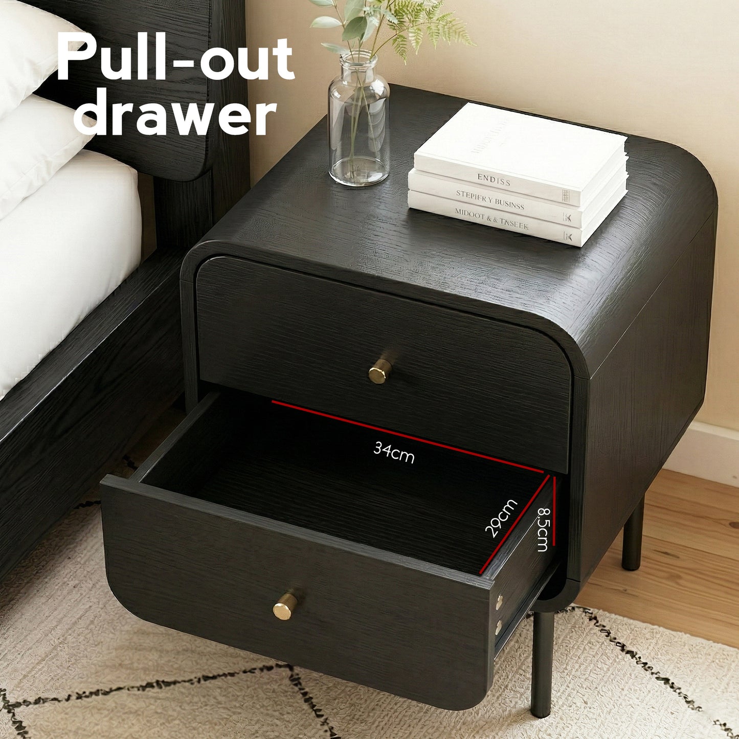 Bedside Table with 2 Drawers – Black, Metal Handles, Rounded Corners