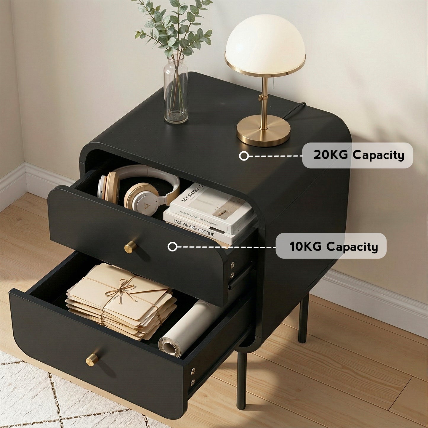 Bedside Table with 2 Drawers – Black, Metal Handles, Rounded Corners