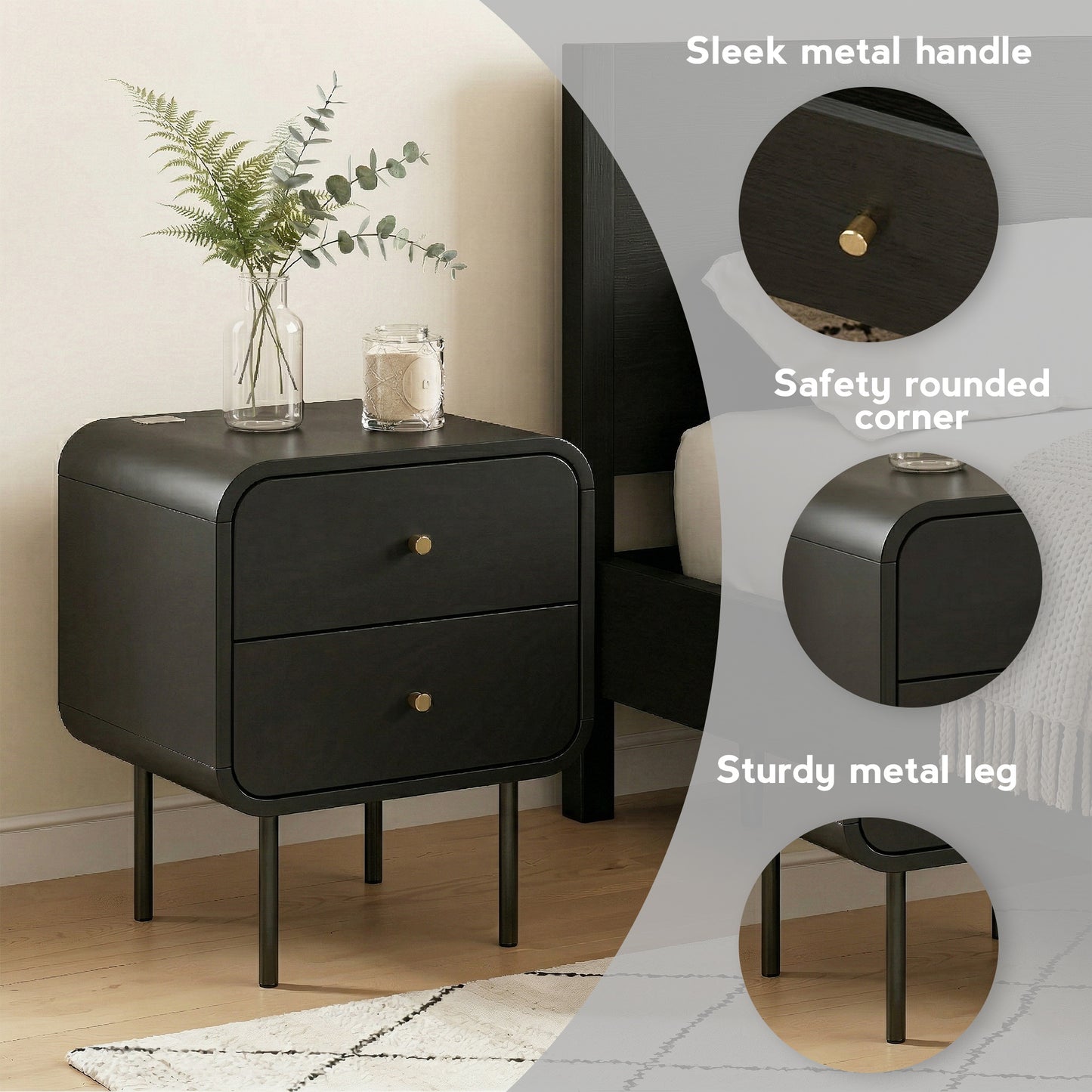 Bedside Table with 2 Drawers – Black, Metal Handles, Rounded Corners
