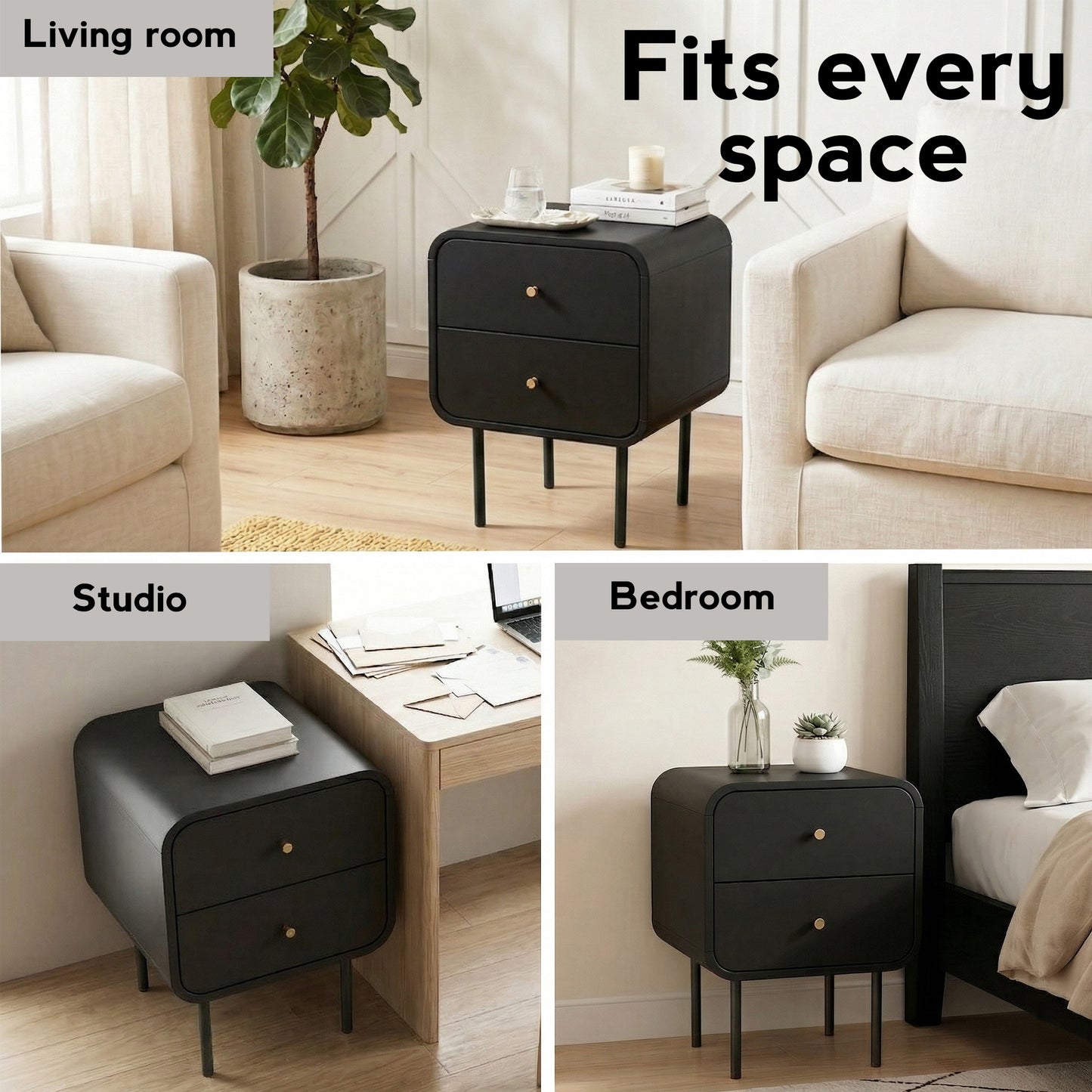 Bedside Table with 2 Drawers – Black, Metal Handles, Rounded Corners