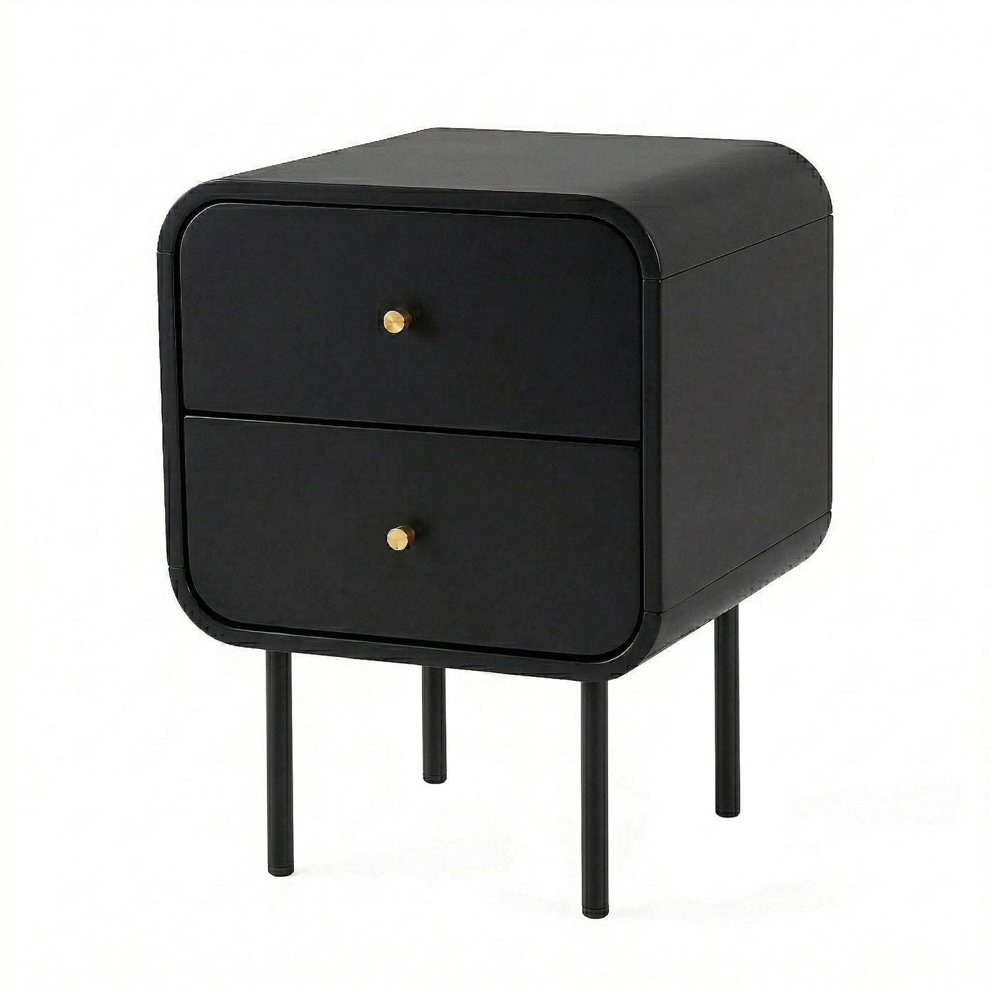 Bedside Table with 2 Drawers – Black, Metal Handles, Rounded Corners