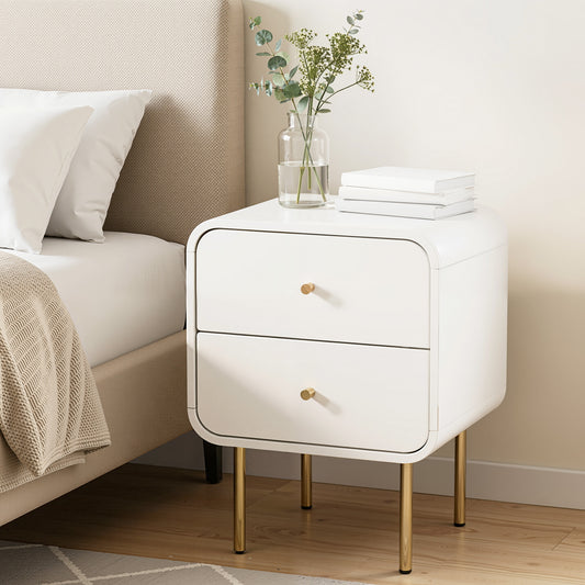 Bedside Table with 2 Drawers – White, Metal Handles