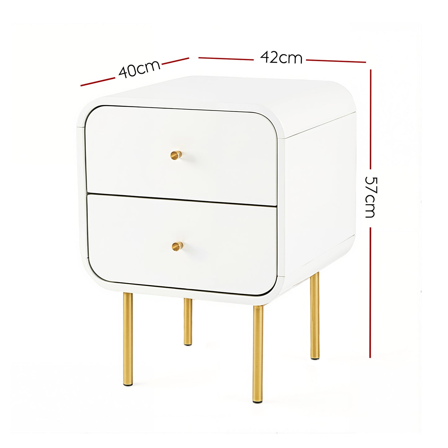 Bedside Table with 2 Drawers – White, Metal Handles