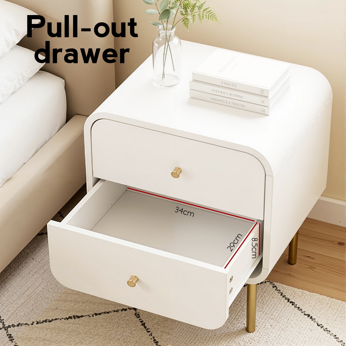 Bedside Table with 2 Drawers – White, Metal Handles