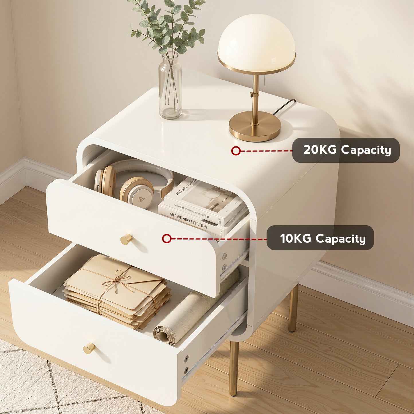 Bedside Table with 2 Drawers – White, Metal Handles