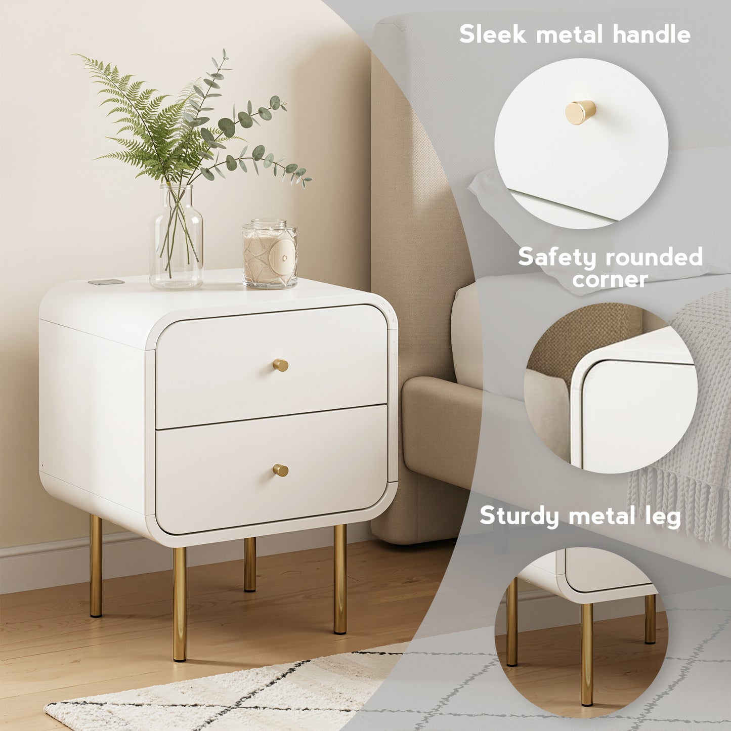 Bedside Table with 2 Drawers – White, Metal Handles