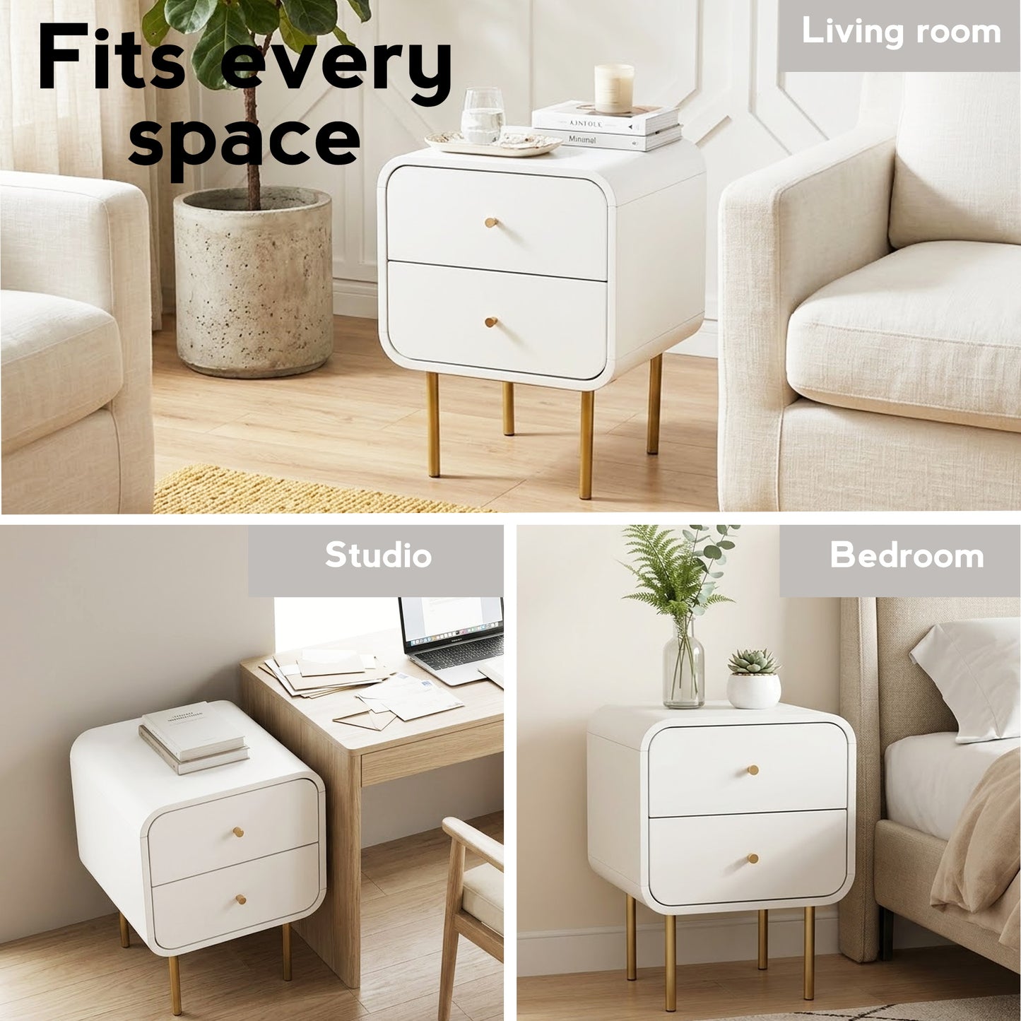 Bedside Table with 2 Drawers – White, Metal Handles