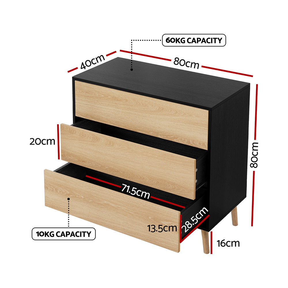 3-Drawer Chest of Drawers – Push-to-Open, Black & Pine Finish