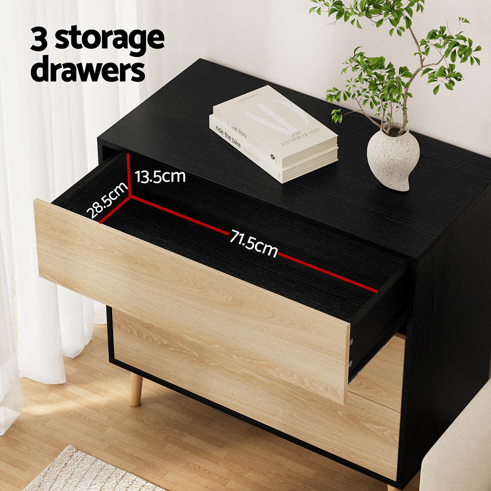 3-Drawer Chest of Drawers – Push-to-Open, Black & Pine Finish