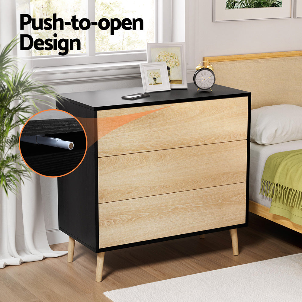3-Drawer Chest of Drawers – Push-to-Open, Black & Pine Finish
