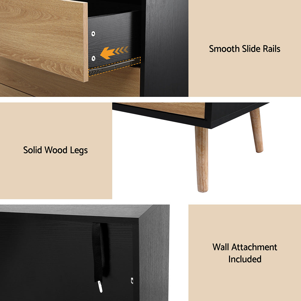 3-Drawer Chest of Drawers – Push-to-Open, Black & Pine Finish