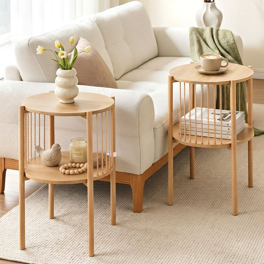 Set of 2 Round End Tables – 2-Tier Wood Design with Straw Rope Detail