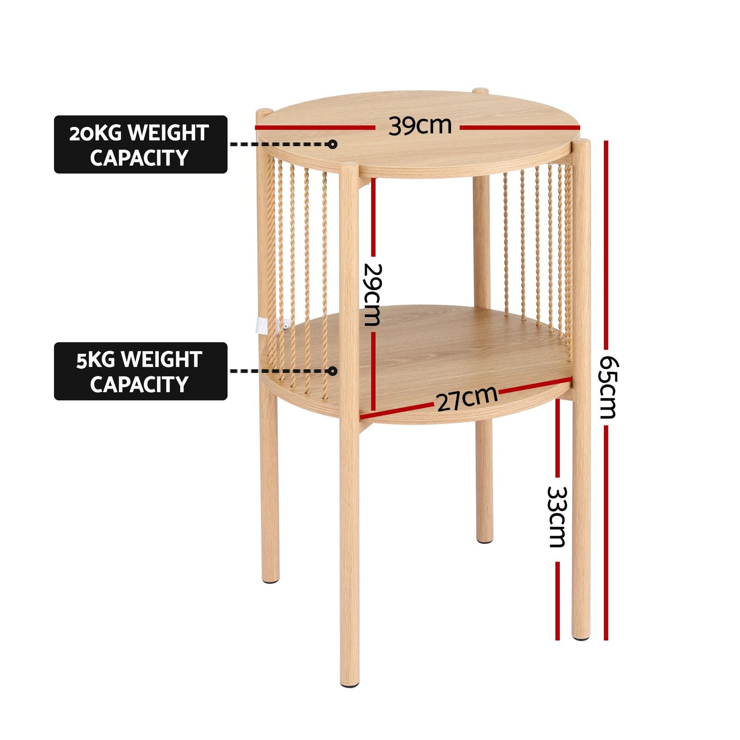 Set of 2 Round End Tables – 2-Tier Wood Design with Straw Rope Detail