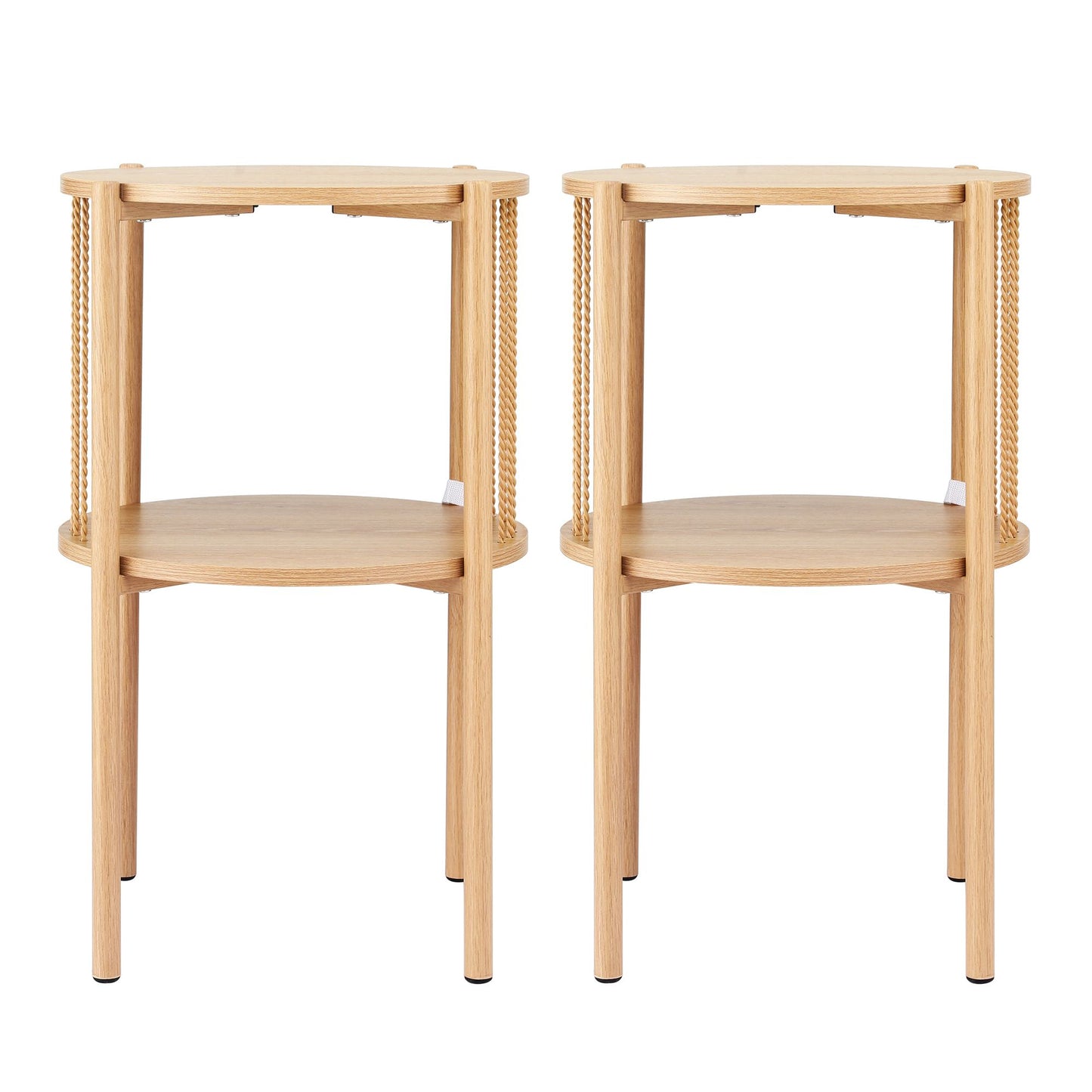 Set of 2 Round End Tables – 2-Tier Wood Design with Straw Rope Detail
