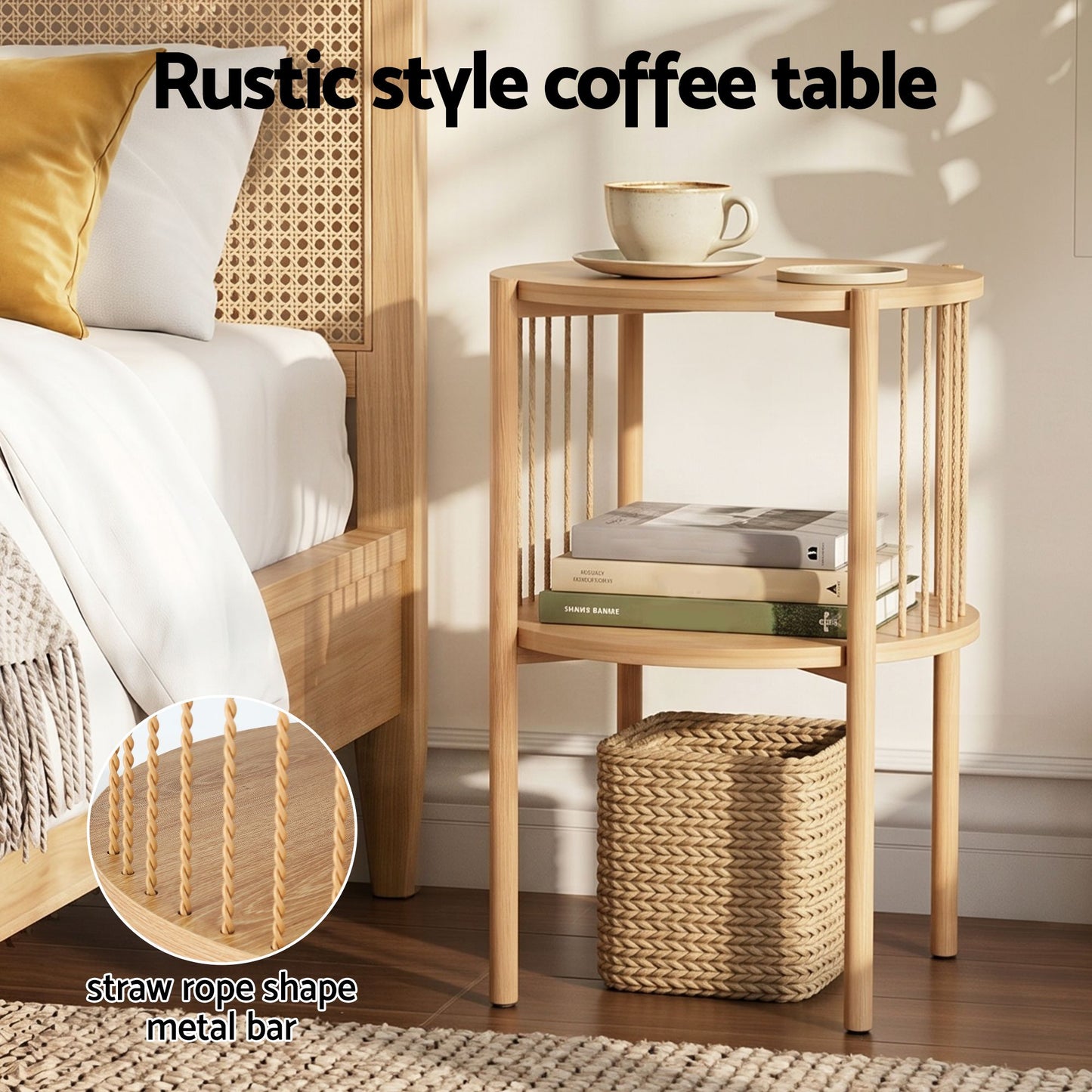 Set of 2 Round End Tables – 2-Tier Wood Design with Straw Rope Detail