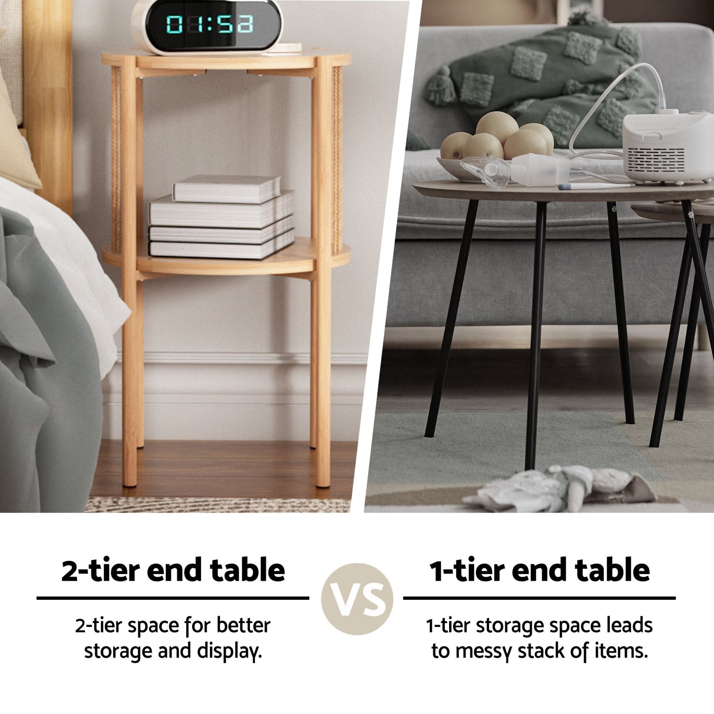 Set of 2 Round End Tables – 2-Tier Wood Design with Straw Rope Detail