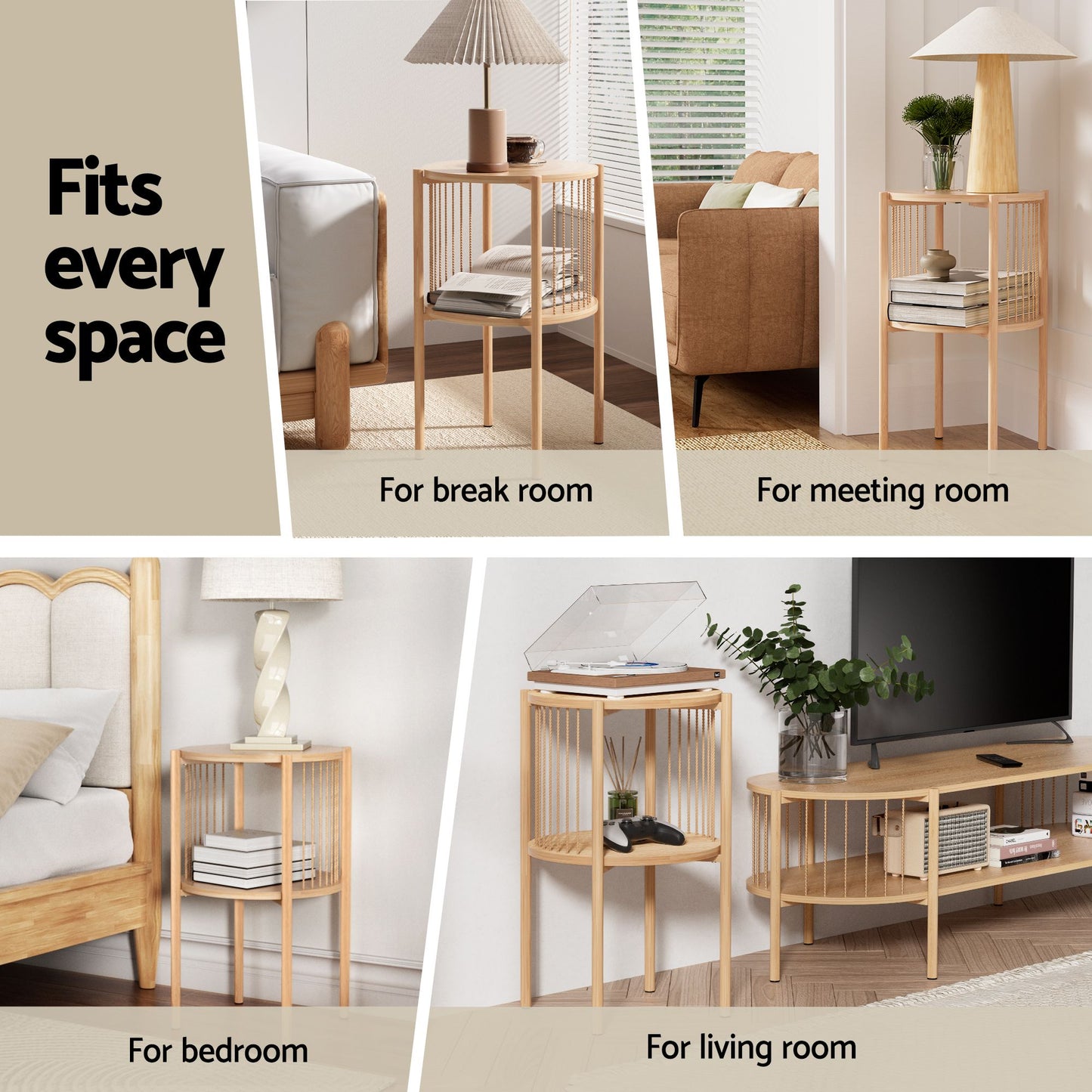 Set of 2 Round End Tables – 2-Tier Wood Design with Straw Rope Detail
