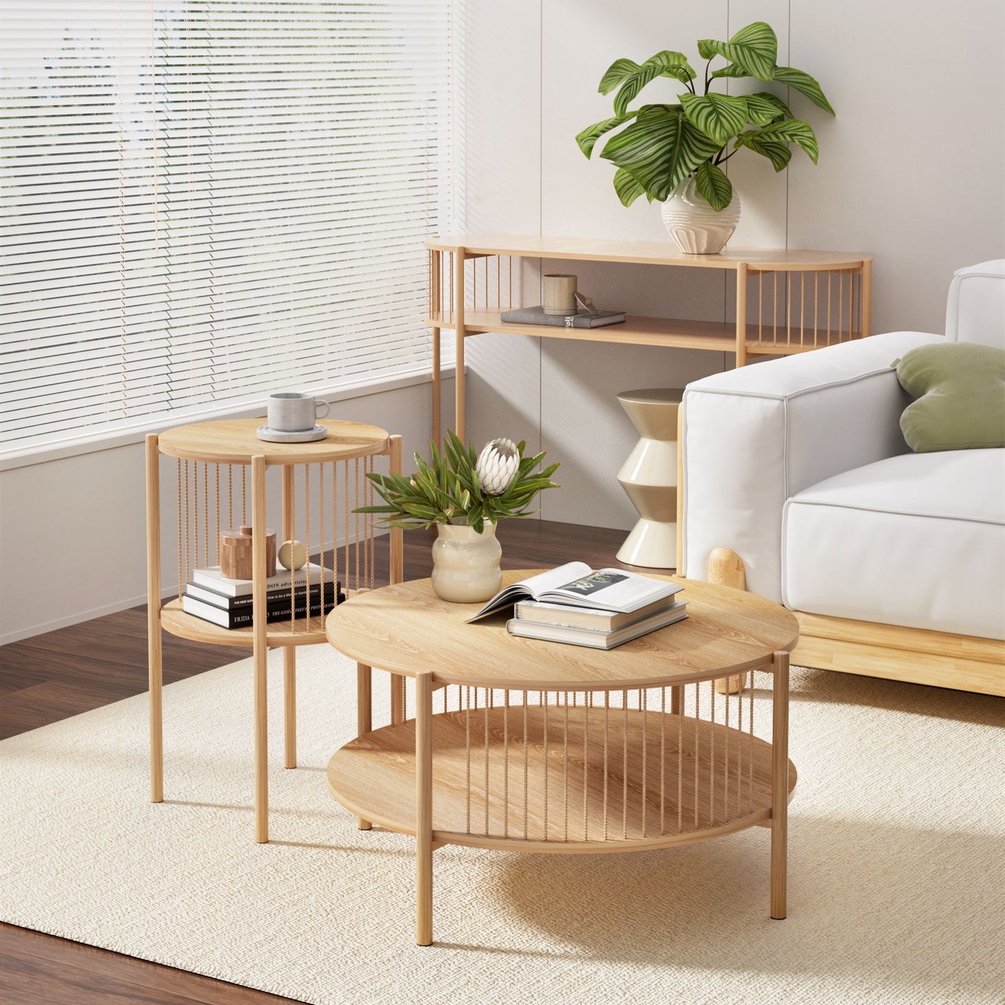 Set of 2 Round End Tables – 2-Tier Wood Design with Straw Rope Detail