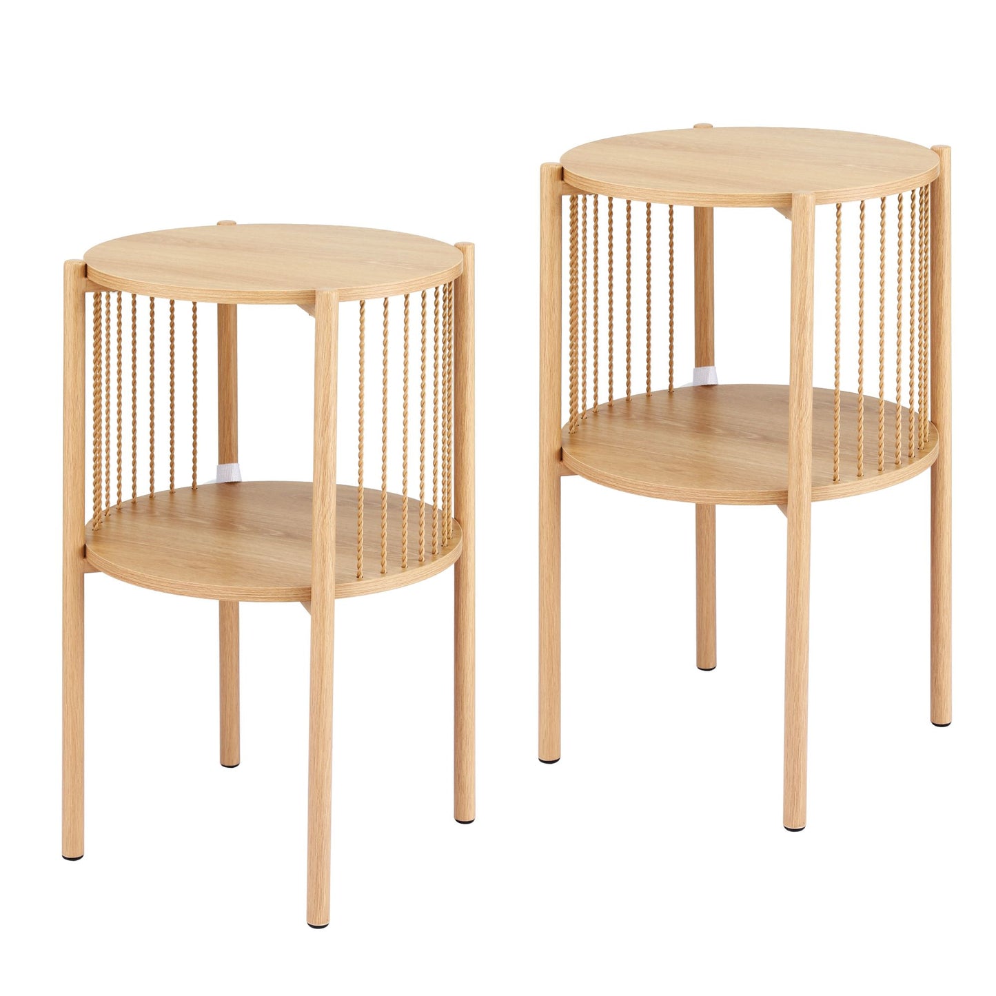 Set of 2 Round End Tables – 2-Tier Wood Design with Straw Rope Detail