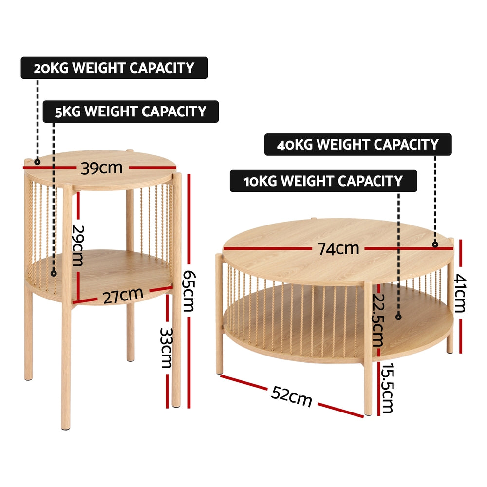 Coffee Table Set – Two-Tier Round Wood with Metal Frame