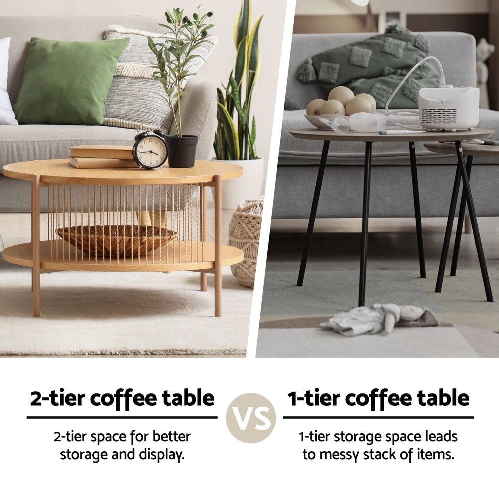 Coffee Table Set – Two-Tier Round Wood with Metal Frame
