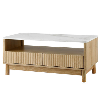 Coffee Table – Marble Finish Top, Wood and White with Drawer and Shelf