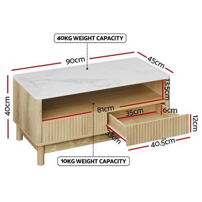 Coffee Table – Marble Finish Top, Wood and White with Drawer and Shelf
