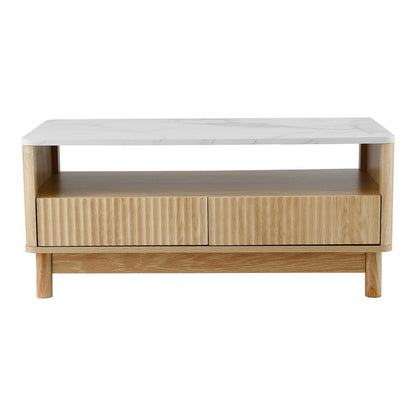 Coffee Table – Marble Finish Top, Wood and White with Drawer and Shelf